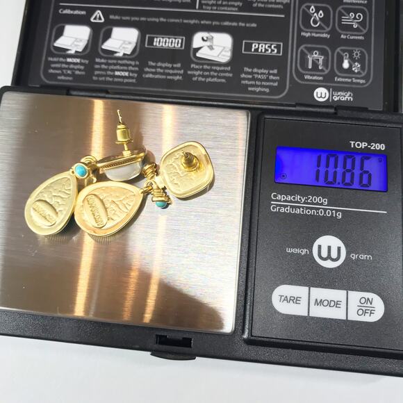 Kovonchy Signed 925 Stud Turquoise White Pearl Earrings Drop Egyptian Revival - Picture 4 of 11